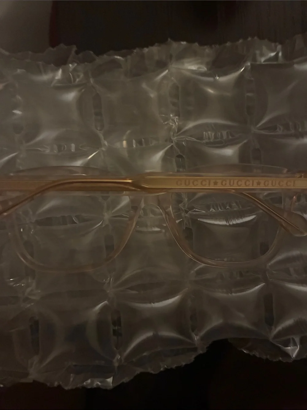 Gucci Translucent Peach Rectangular Glasses with Logo Temple